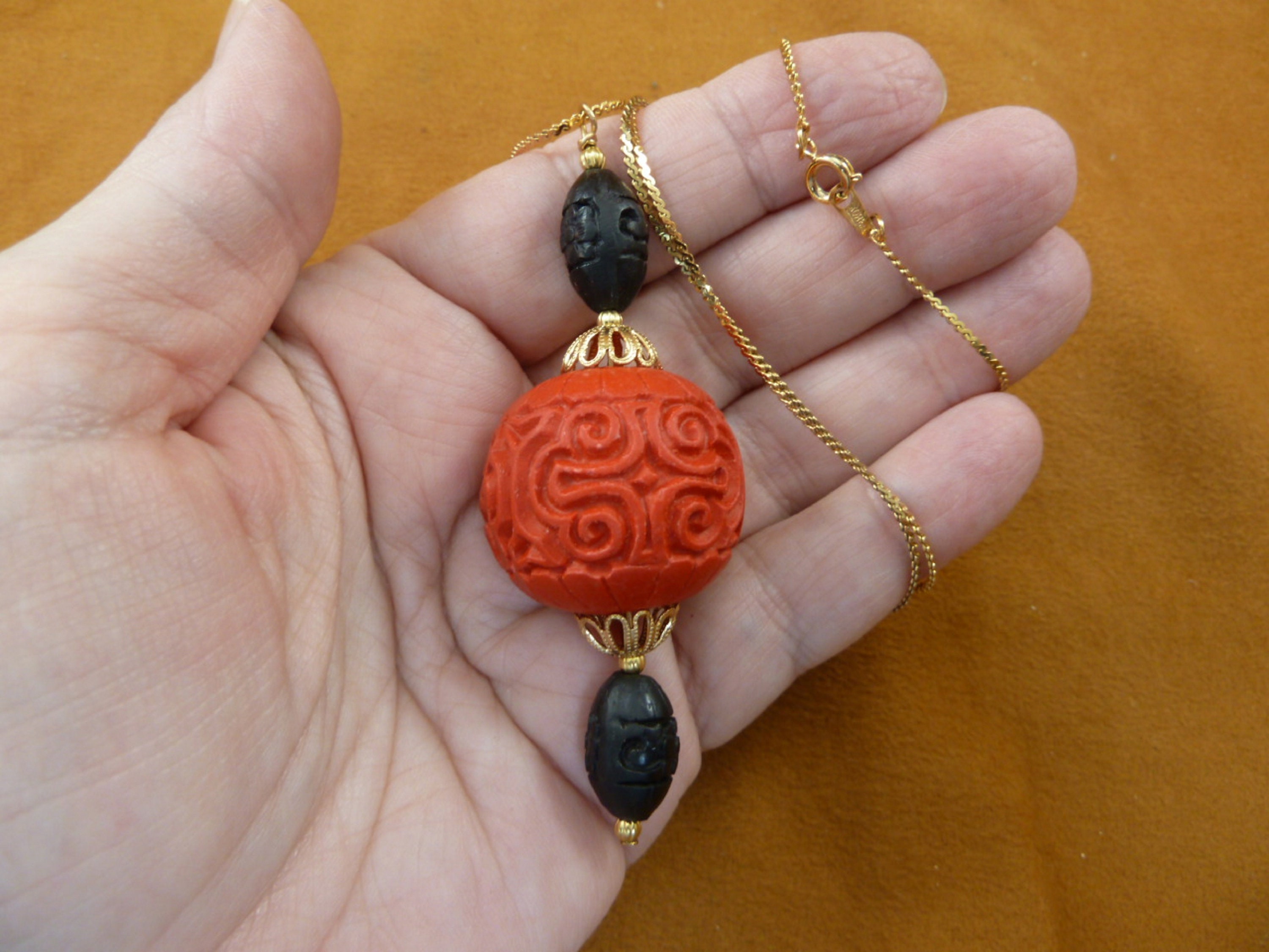 Large Red and Black CINNABAR Carved Wood Lacquer Flower Bead Loop ...