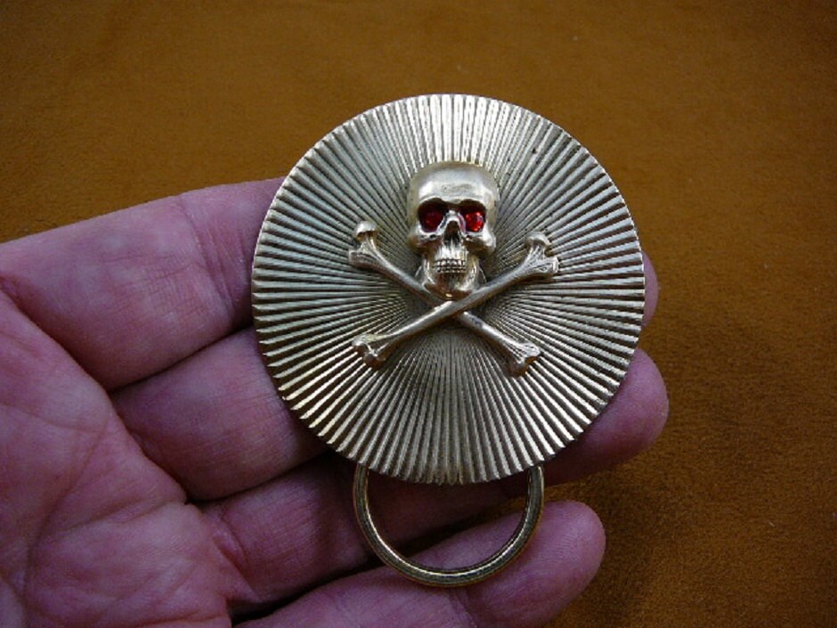 Skull and crossbones with red crystal eyes on textured round brass Eyeglass pin pendant ID badge holder E-839