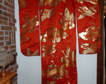 Rare Vintage red Silk Kakeshita Japanese Wedding Kimono with crane + floral pattern V-KIM-1