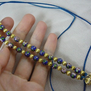BLUE Cloisonné round bead with pink flower beaded Eyeglass Eye glass leash holder gold necklace accessory E-57