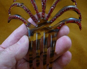 Vintage Black Fan Shaped Celluloid Hair Comb W/ Red 