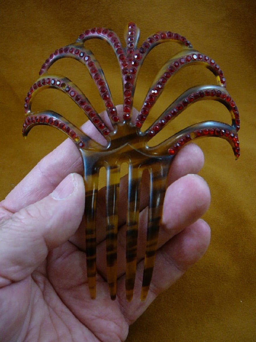 1930s Art Deco Celluloid Faux Tortoise Shell Rhinestones Hair Pick Hair Ornament Art Deco Hair Comb: Faux Tortoise Shell Celluloid, Red  main image 2