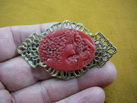 Woman with curls hair and bird red oval CAMEO pin pendant textured filigree  brass brooch cred-50