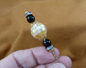 Mosaic Mother of pearl + black Onyx bead beaded hatpin with gold tone beads ladies pin hat accessory U201-5