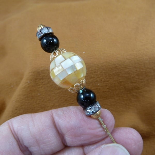 Mosaic Mother of pearl + black Onyx bead beaded hatpin with gold tone beads ladies pin hat accessory U201-5