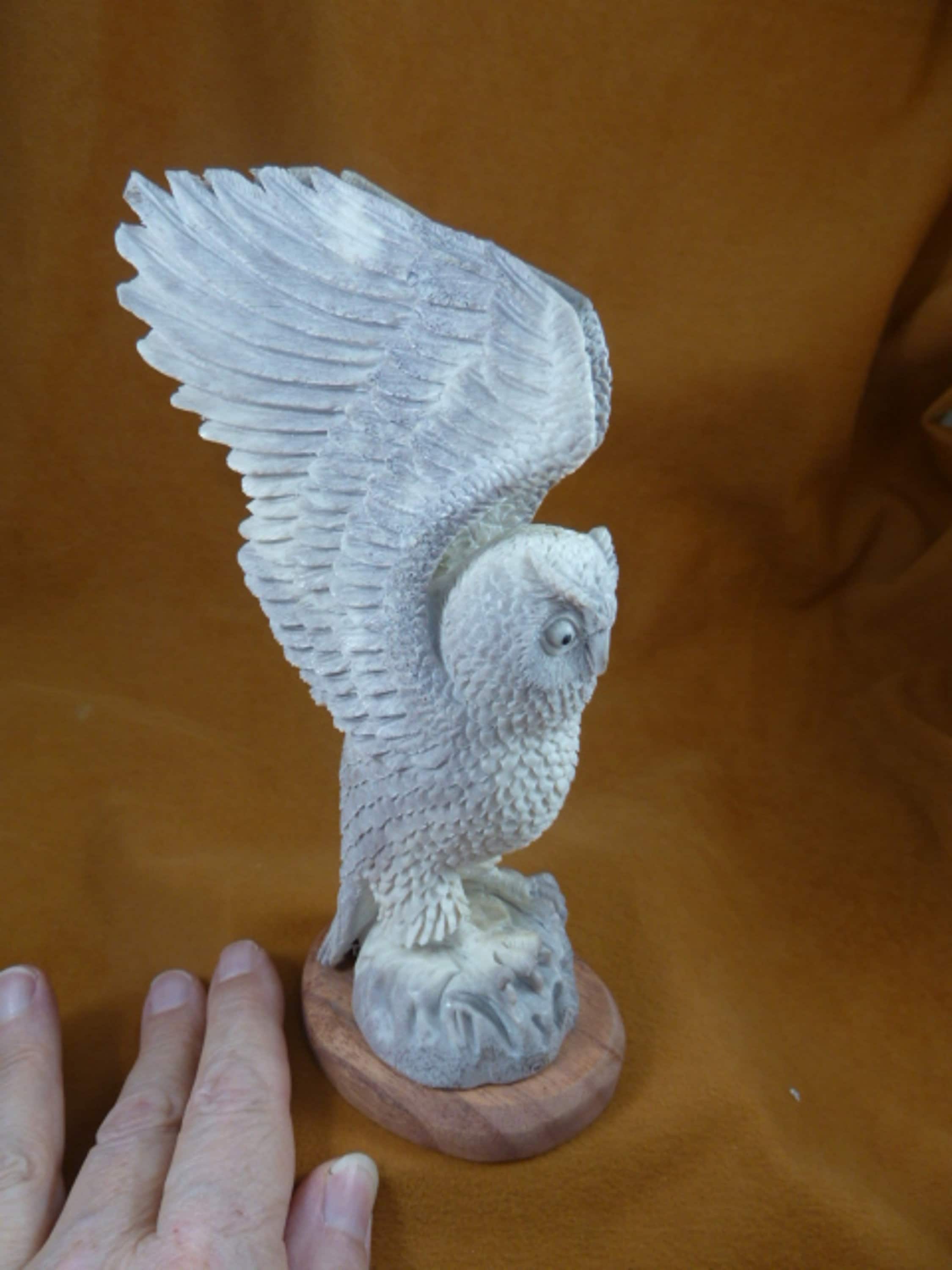 XL white Horned Owl wings up of shed ANTLER figurine Bali detailed carving of shed Moose antler disp