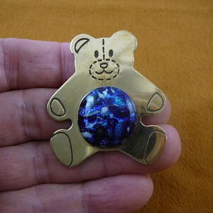 purple teal white dichroic fused glass on teddy bear design Victorian repro brass pin pendant BR-199