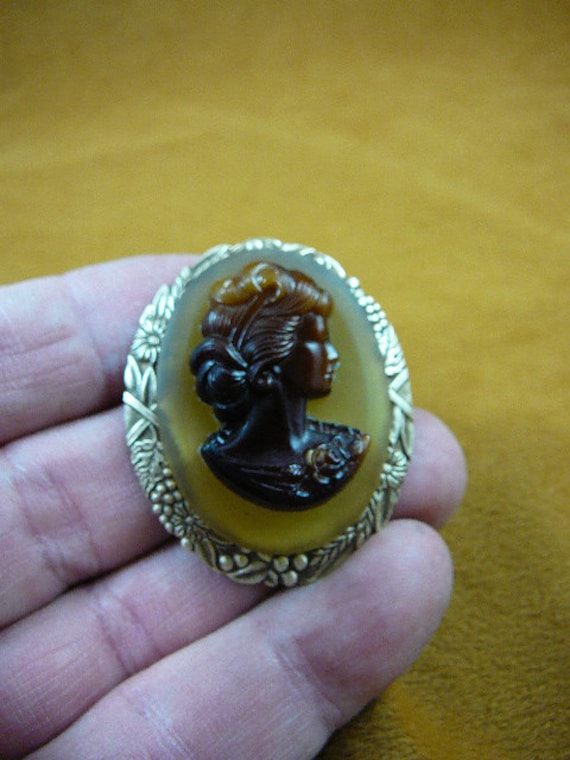 Vintage Face Woman With Wavy Hair Oval Dark Brown and Dark Yellow