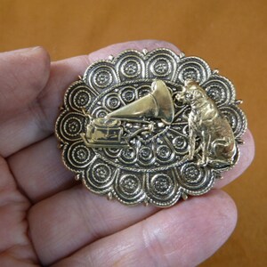 little Nipper dog and phonograph dogs lover dot textured oval Victorian BRASS pin brooch B-DOG-103