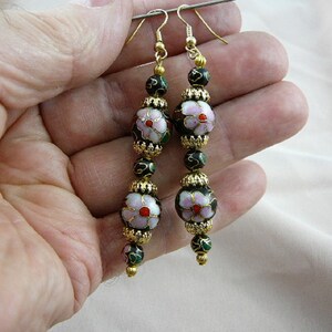 Black with pink flower 6 + 12 mm round five Cloisonne beads and gold beaded + filigree cap accents dangle earring pair EE-600-483