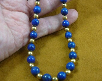 16 inch long long Blue lapis lazuli round and gold Beads bead beaded Necklace jewelry V657-19