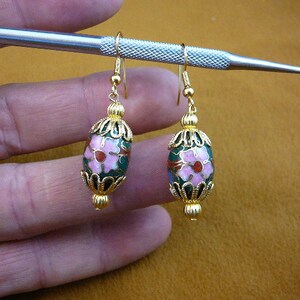 Dark green with white pink flower 12x18 mm oval one Cloisonne bead and gold beaded + filigree cap accents dangle earring pair EE-603-166