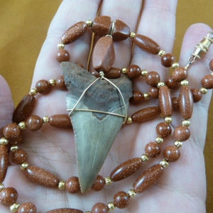 2-1/8 inch Fossil Great white shark tooth teeth wired pendant 20&quot; orange Goldstone gemstone beaded necklace S552-10