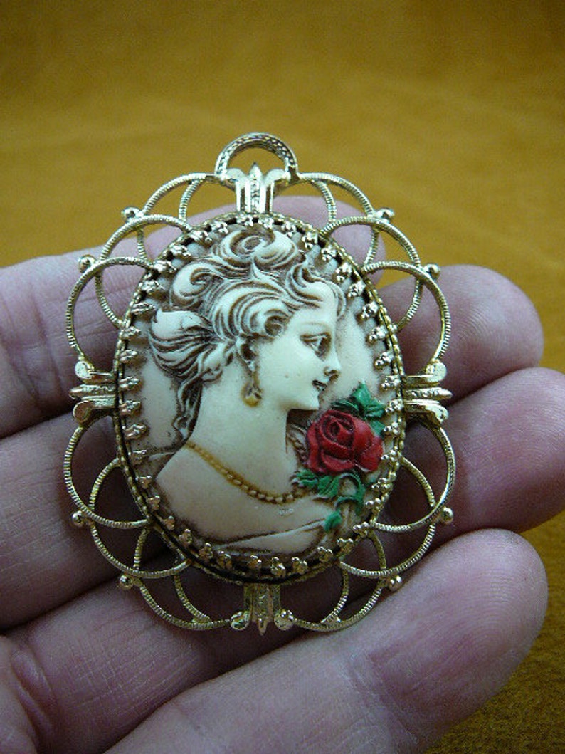 Lady with hair up with red Rose on shoulder wearing pearls and earring ivory Cameo flower gold pin pendant brooch cm43-52 image 1