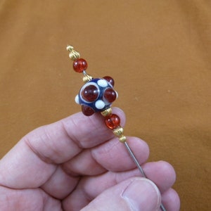 one Sputnik blue with red white dot balls glass bead with gold tone beads hatpin ladies pin hat I love hatpins accessory U288-4