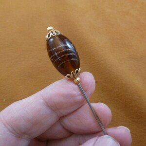 1 oval dark yellow translucent bead with copper striping gold tone filigree beads hatpin ladies pin hat love hatpins accessory U283-88