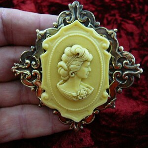 May include: A vintage cameo brooch featuring a woman's profile in a gold-toned ornate frame. The cameo is made of white shell and the frame has a detailed scroll design.