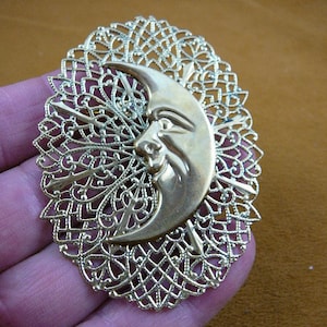 Crescent shaped man in the Moon oval filigree Victorian BRASS pin pendant brooch B-MOON-10