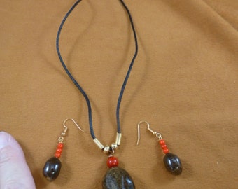 Real Moose POOP nugget necklace + deer doo doo earrings red glass bead 20 inch black cord pendant jewelry PP-31-214