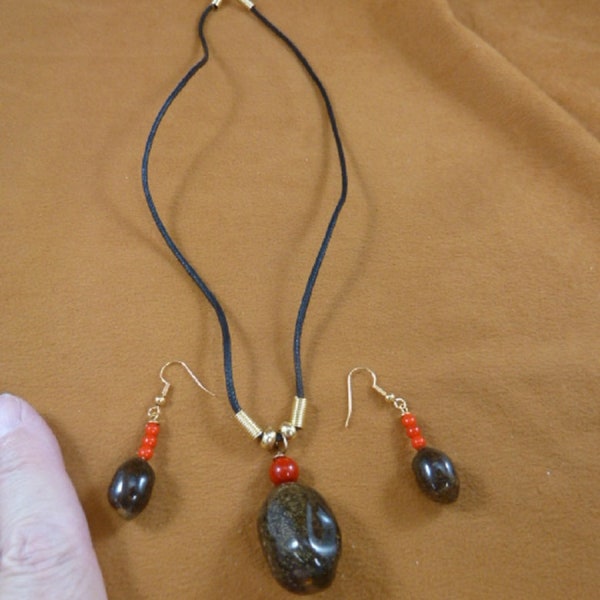 Real Moose POOP nugget necklace + deer doo doo earrings red glass bead 20 inch black cord pendant jewelry PP-31-214