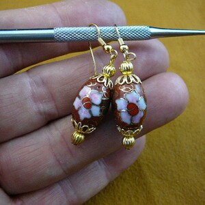 Rust Brown with pink flower 12x18 mm oval one Cloisonne bead and gold beaded + filigree cap accents dangle earring pair EE-603-149