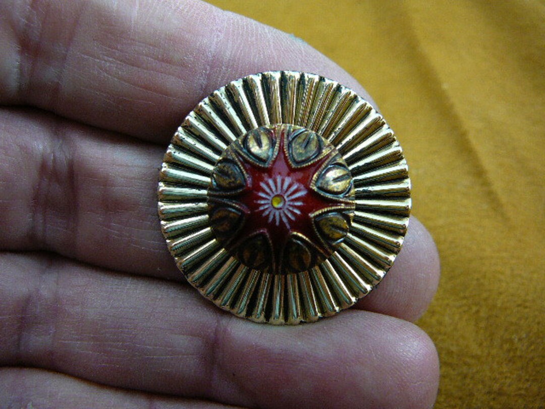 Red White Gold Flower Design Flowers Czech 1940's Glass Button