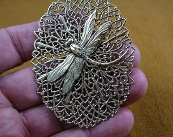 Dragonfly insect pond bug lover on filigree scrolled oval Victorian BRASS pin pendant brooch B-DRAG-151