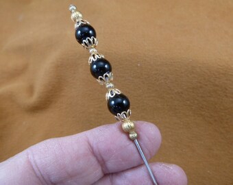 Hatpin three smooth 8mm black glass bead gold filigree caps beads hat pin ladies U255-8