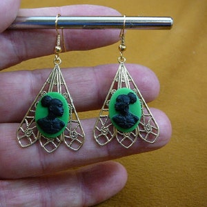 RARE African American LADY black + bright green CAMEO filigree fan brass dangle Earrings jewelry (CAE1-46)