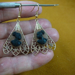 RARE African American LADY brown + black CAMEO triangle filigree brass dangle Earrings jewelry (CAE1-29)