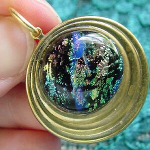 Purple green yellow sparkle black DICHROIC Fused glass cab on round circle repro Victorian brass pendant DB-307