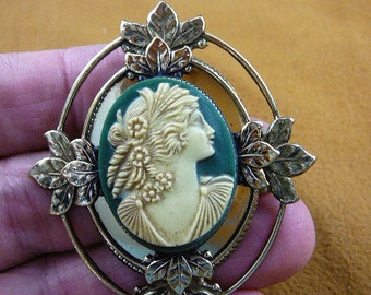 Woman with ringlets hair curls flowers Cameo Pin Pendant Jewelry brooch necklace repro Brass CS63-12