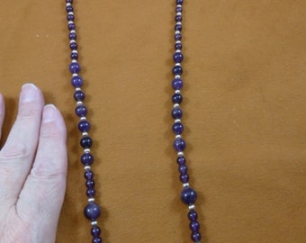 24 inch long purple Amethyst gemstone + silver tone Beads bead beaded Necklace jewelry V306-L