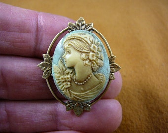 Lady with cap hat hair up flowers curl ringlets Cameo Pin Pendant Jewelry brooch necklace repro Brass CS40-7