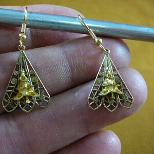 dainty triangular design repro Victorian brass with tiny Christmas tree trees gold dangle earrings EE792-6