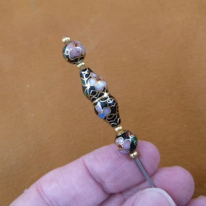 three black CLOISONNE beads pink flower gold tone brass beads hatpin ladies pin hat U402-k
