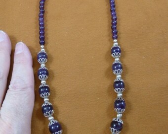 17 inch long 8 mm purple Amethyst gemstone + silver tone filigree caps and Beads bead beaded Necklace jewelry V306-h