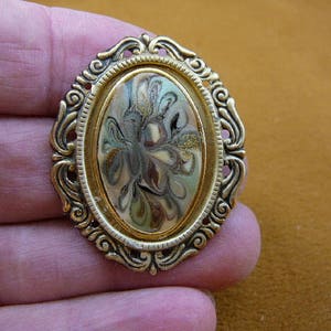 scrolled oval with cream green gold swirl design repro Victorian brass pin pendant Victorian brooch BR-16