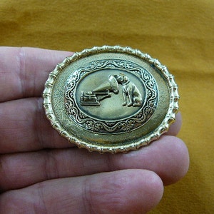 little Nipper dog and phonograph dogs lover textured flower scrolled oval Victorian BRASS pin pendant brooch B-DOG-121