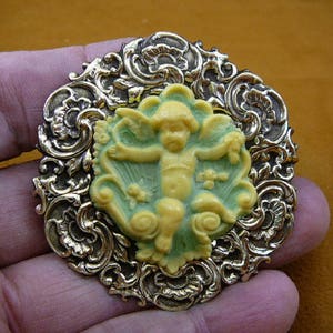 CHERUB holding ribbon with hands ivory + blue cloud CAMEO pin pendant brass brooch cm124-8