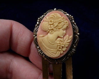 Victorian Girl with flowers pink + ivory oval brass Bookmark book mark books CBS22-6