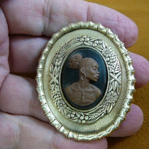 RARE African American LADY brown + black CAMEO brass Pin Pendant jewelry (Ca10-1)