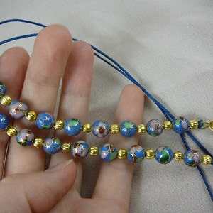 Medium BLUE Cloisonné round bead with pink flower beaded Eyeglass Eye glass leash holder gold necklace accessory E44