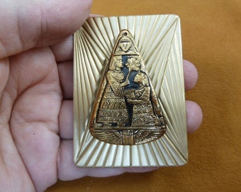 black + golden Triangular Egyptian themed design Czech 1940's glass button on rectangle textured brass pin pendant brooch Z38-6