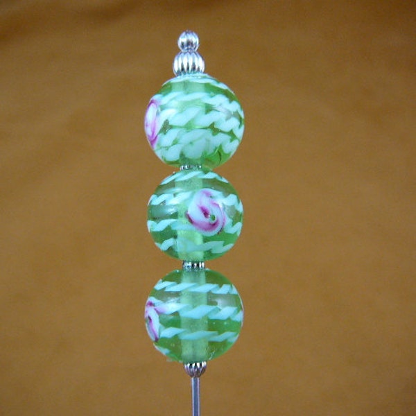 clear green with white swirl striped pink rose glass and silver beads hatpin ladies pin hat U-283-1