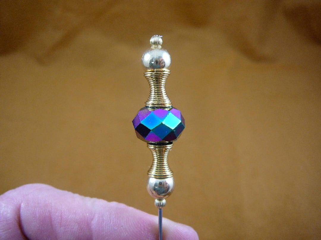 One 12x9mm Bead Purple Iridescent Faceted Glass Beaded and Gold Tone ...