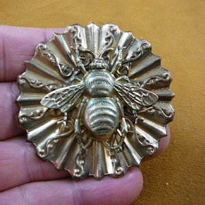 large striped Bee bumble bees insect bug on textured striped + scrolled round  pineapple repro Victorian brass pin pendant B-Bee-155