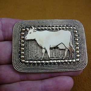 Cow love dairy cows farm bovine on dot textured rectangle Victorian BRASS pin pendant brooch B-COW-1