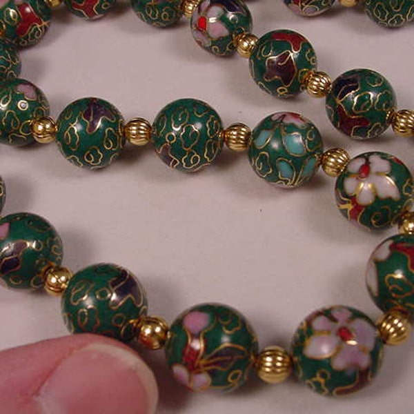 Green Cloisonne Beads pink and white flower flowers and gold tone spacers 21 inch long beaded Necklace jewelry V259-1