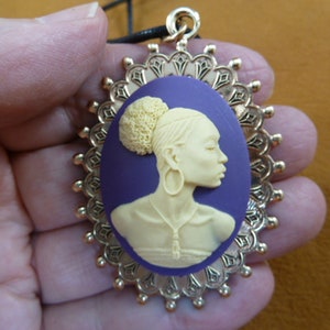 RARE African American Lady Woman purple + ivory CAMEO large with ornate trim brass pendant 18&quot; necklace jewelry (CA20-127)